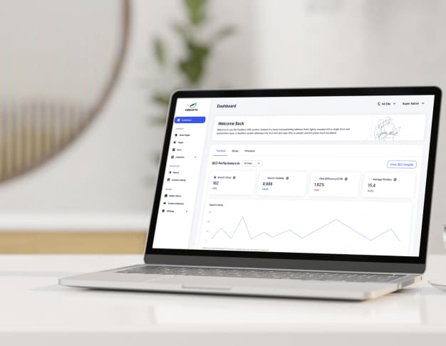 AI CMS dashboard interface displayed on a laptop showing content management and analytics features.