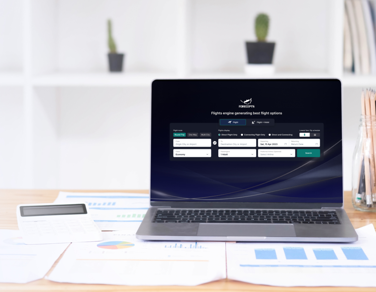 Interface of the SWIFT Internet Booking Engine showing a modern flight and hotel search portal integrated with GDS and NDC content.